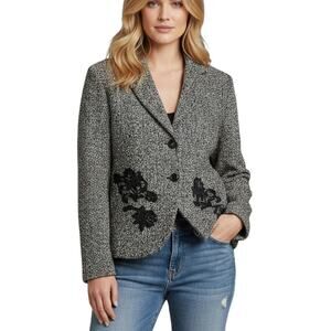 Nine West Womens Boucle Tweed Blazer Lace Embroidered Wool Blend Sz 14W Single